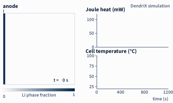DendriX simulation: dendrite growth (left) coupled with the Joule heat it generates and the cell temperature (right).